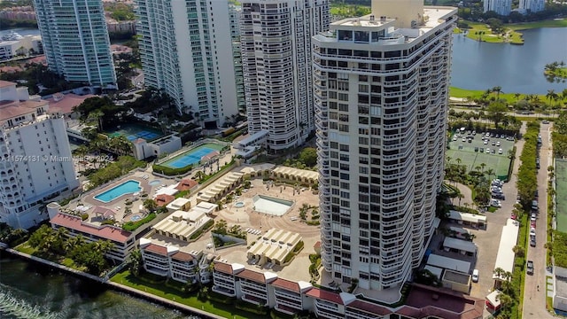 aerial view featuring a water view