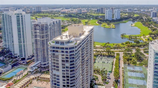 drone / aerial view featuring a water view