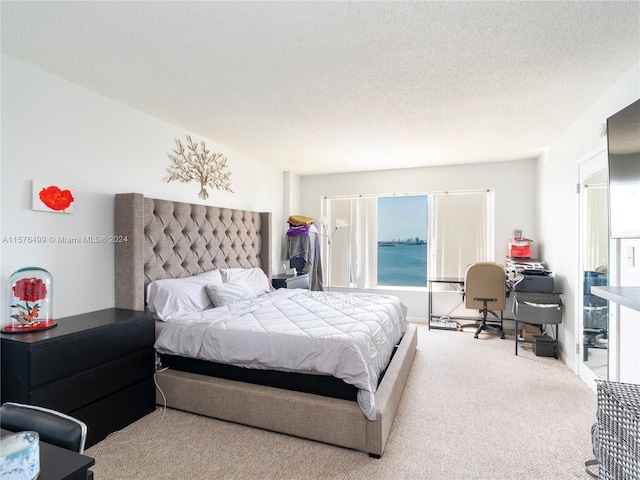 bedroom with a textured ceiling and carpet floors