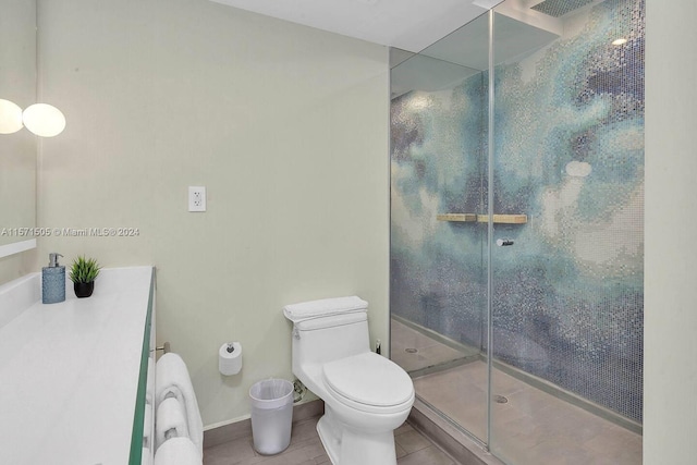 bathroom featuring toilet, tile patterned flooring, and walk in shower