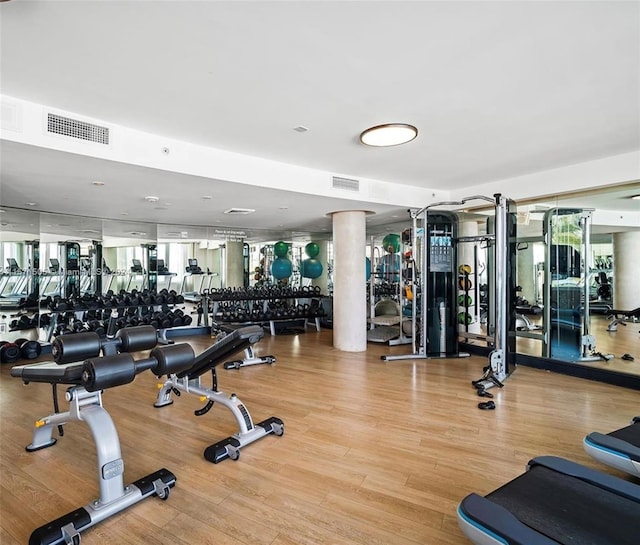 workout area with light hardwood / wood-style flooring