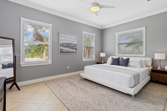 bedroom with ceiling fan, crown molding, and light tile patterned flooring