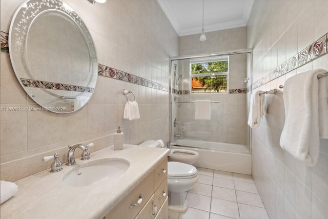 full bathroom with tile patterned floors, a bidet, tile walls, and toilet