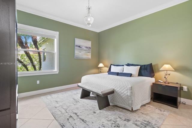 bedroom featuring crown molding and light tile patterned flooring