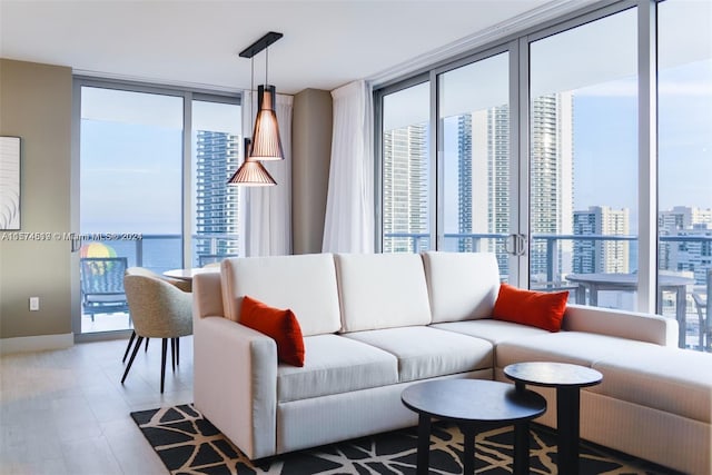 living room with a water view, dark hardwood / wood-style flooring, and a wall of windows