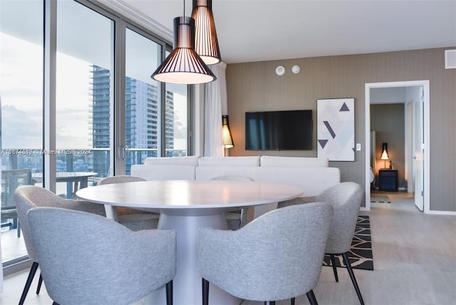 dining room with expansive windows and light wood-type flooring