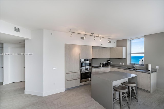 kitchen featuring light hardwood / wood-style floors, track lighting, a center island, sink, and stainless steel double oven