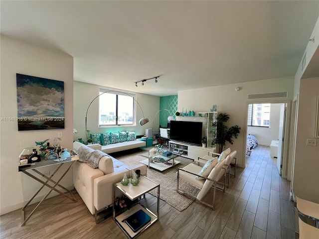 living room featuring hardwood / wood-style flooring, plenty of natural light, and rail lighting