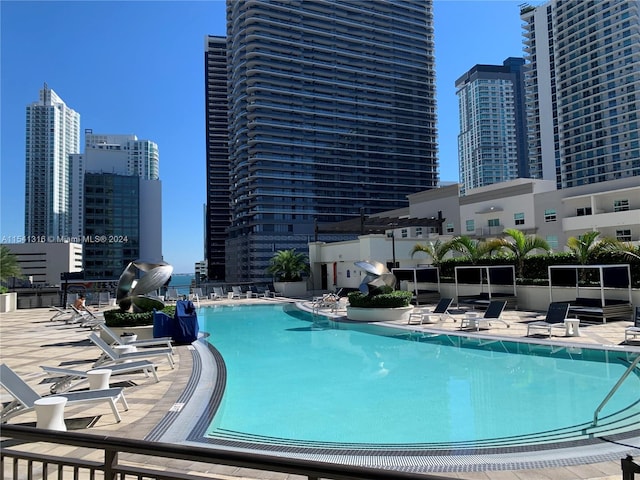 view of swimming pool with a patio area