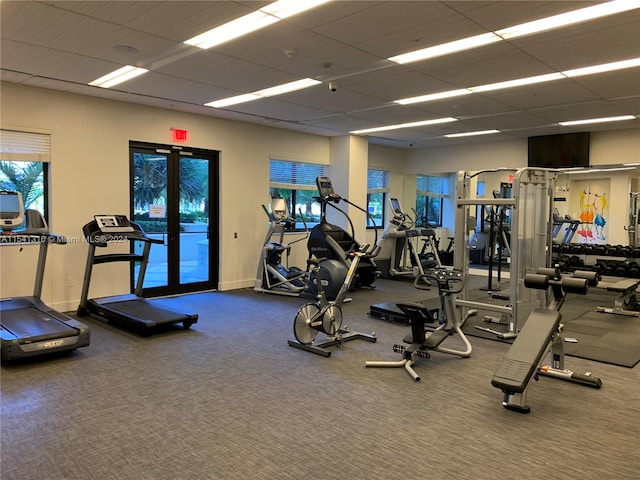 workout area featuring a drop ceiling, french doors, and carpet flooring