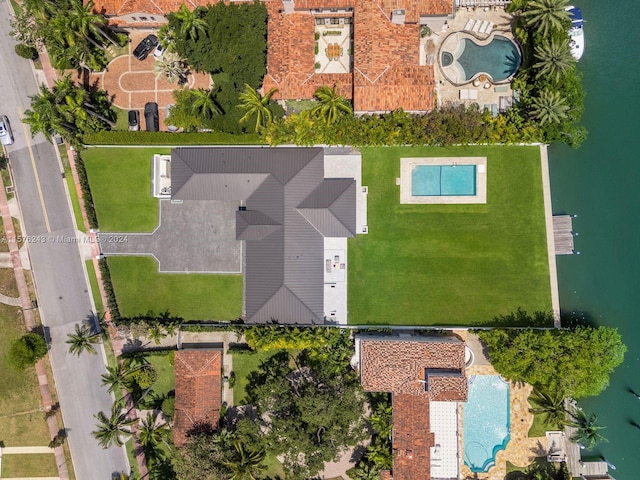 drone / aerial view featuring a water view