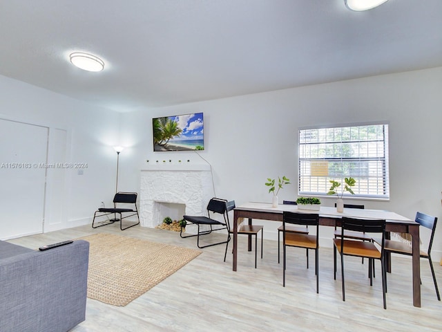 interior space featuring a stone fireplace and light hardwood / wood-style floors