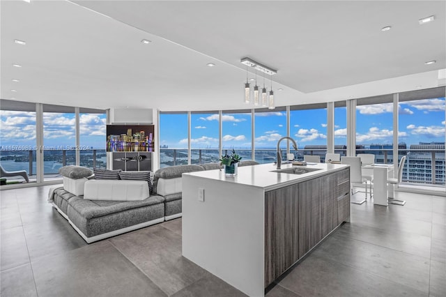 living room featuring a water view, sink, and a wall of windows