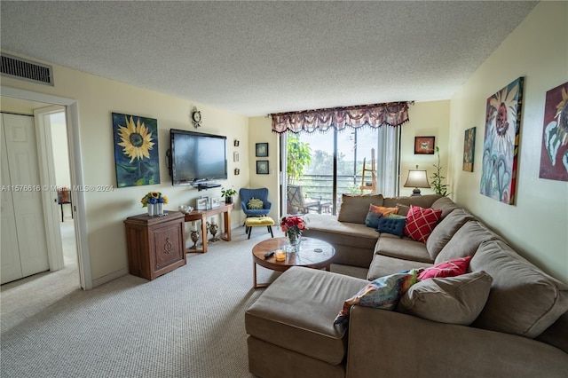 living room featuring a textured ceiling and carpet floors