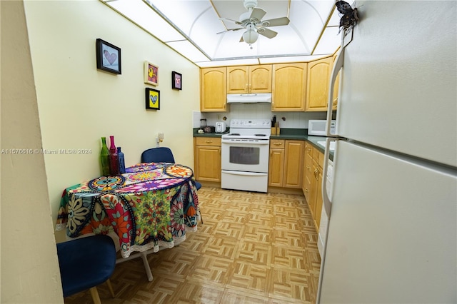 kitchen featuring backsplash, light parquet floors, white appliances, and ceiling fan