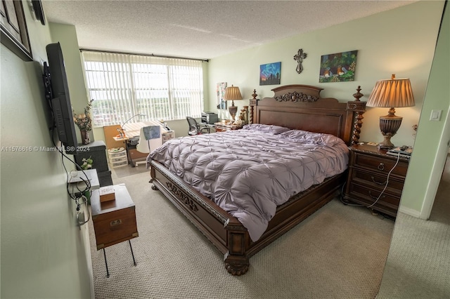 bedroom featuring carpet, expansive windows, and a textured ceiling