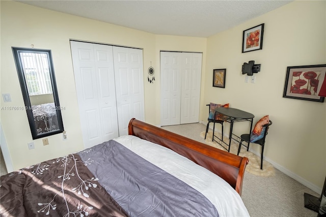 bedroom with two closets and carpet