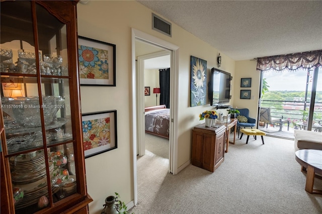 corridor with a textured ceiling and carpet