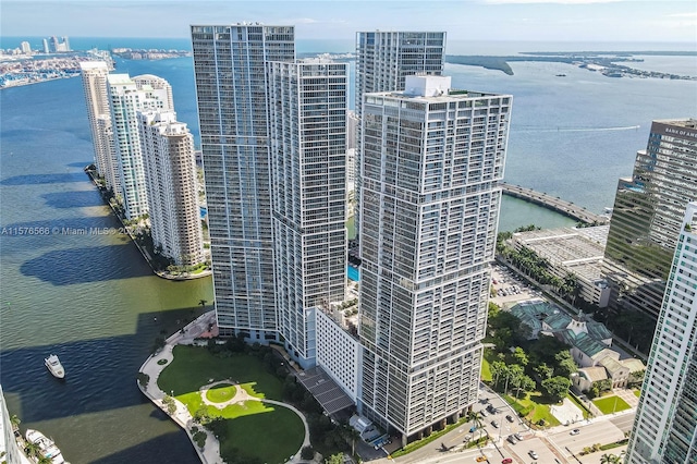 drone / aerial view featuring a water view