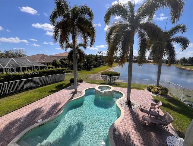 view of swimming pool featuring a patio area, a water view, and an in ground hot tub