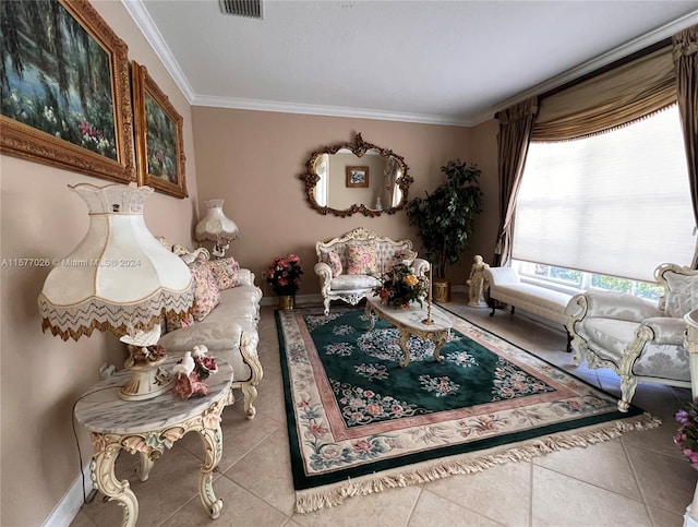 tiled living room with ornamental molding