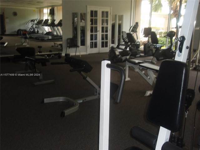 workout area featuring french doors