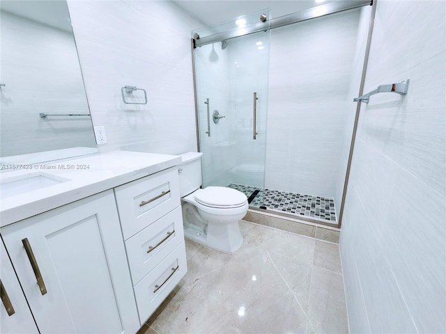 bathroom featuring tile flooring, walk in shower, vanity, and toilet