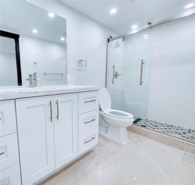 bathroom with walk in shower, toilet, tile flooring, and vanity