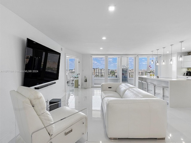 living room featuring light tile patterned floors