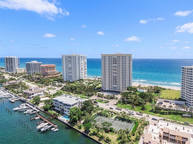 bird's eye view with a water view