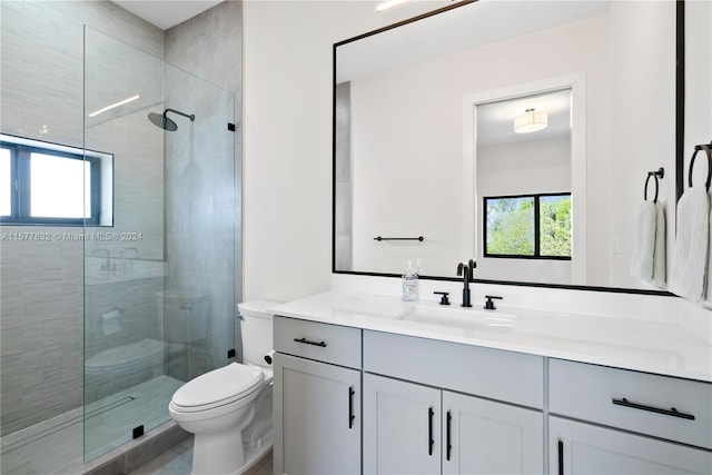 bathroom featuring an enclosed shower, toilet, and large vanity