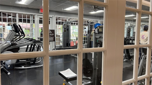 exercise room featuring ceiling fan and a paneled ceiling