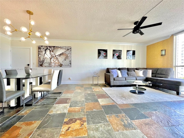 tiled living room with ceiling fan with notable chandelier, crown molding, and a textured ceiling