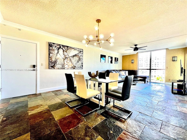 dining room featuring floor to ceiling windows, ceiling fan with notable chandelier, crown molding, and a textured ceiling