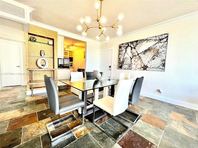 tiled dining space with ornamental molding, a notable chandelier, and a textured ceiling