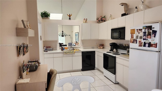 kitchen with high vaulted ceiling, black appliances, white cabinets, sink, and light tile floors