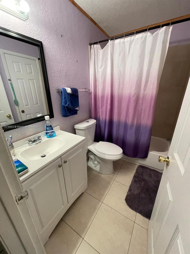 full bathroom featuring tile flooring, a textured ceiling, toilet, vanity, and shower / bathtub combination with curtain