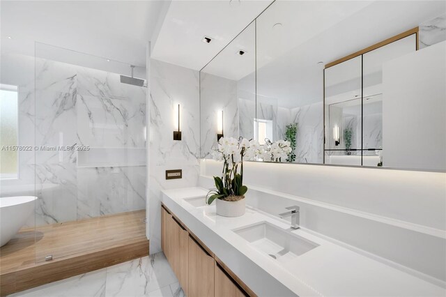 bathroom featuring vanity, toilet, and a shower with shower door