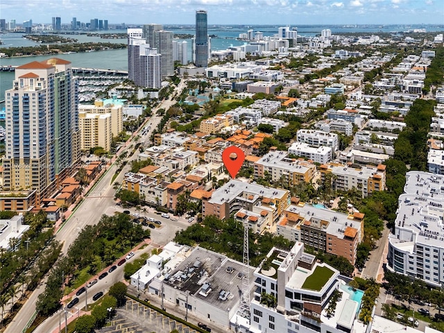 aerial view featuring a water view