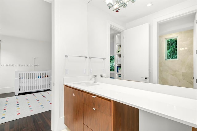 bathroom featuring hardwood / wood-style floors and vanity