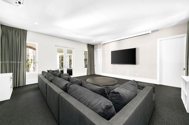 living room featuring french doors and dark colored carpet