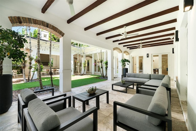 view of patio / terrace featuring ceiling fan, french doors, and an outdoor hangout area