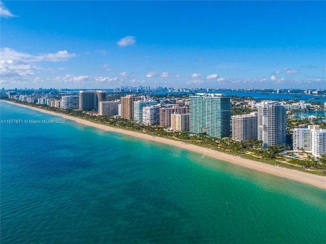 bird's eye view featuring a water view and a view of the beach