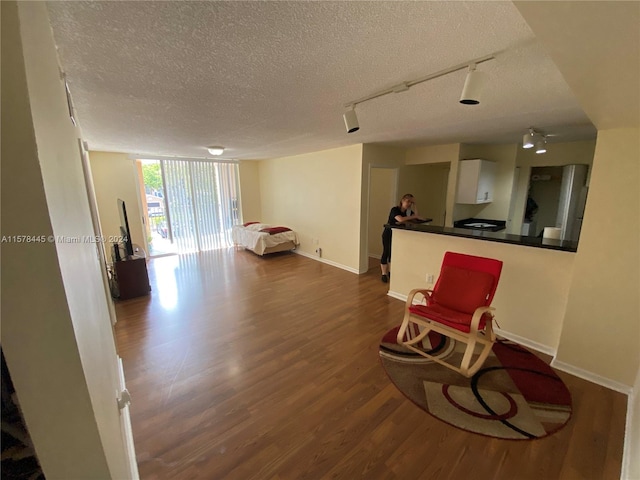 living area with a textured ceiling, wood-type flooring, ceiling fan, and track lighting