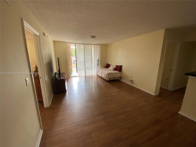 interior space featuring a textured ceiling and dark hardwood / wood-style floors