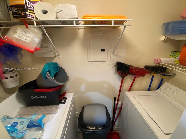 laundry room with electric panel and washer and dryer