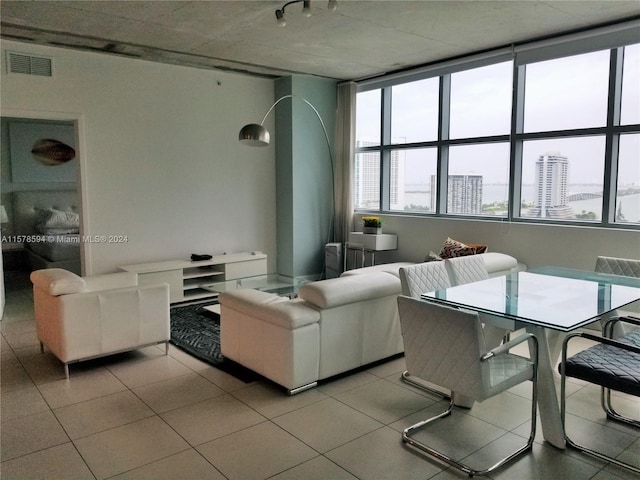 living room featuring tile floors