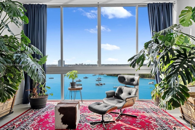 sitting room with plenty of natural light and a water view