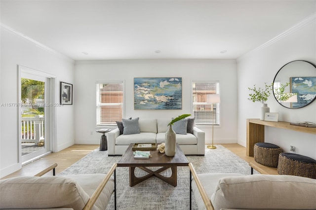 living room with hardwood / wood-style flooring and ornamental molding