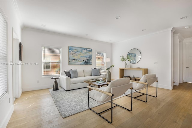 living room with a healthy amount of sunlight, light hardwood / wood-style floors, and ornamental molding